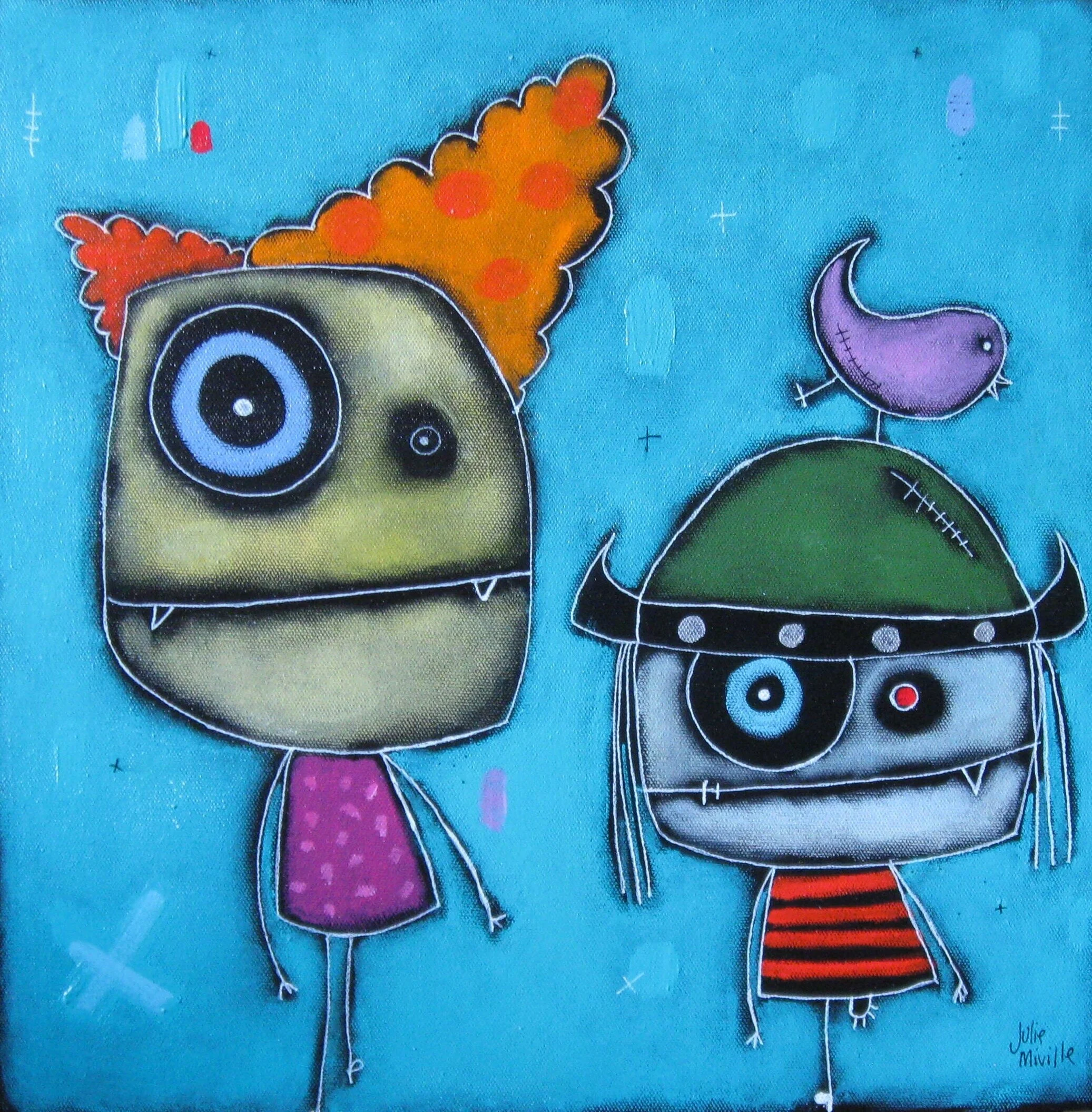 Deux avec l'oiseau, Acrylique sur bois