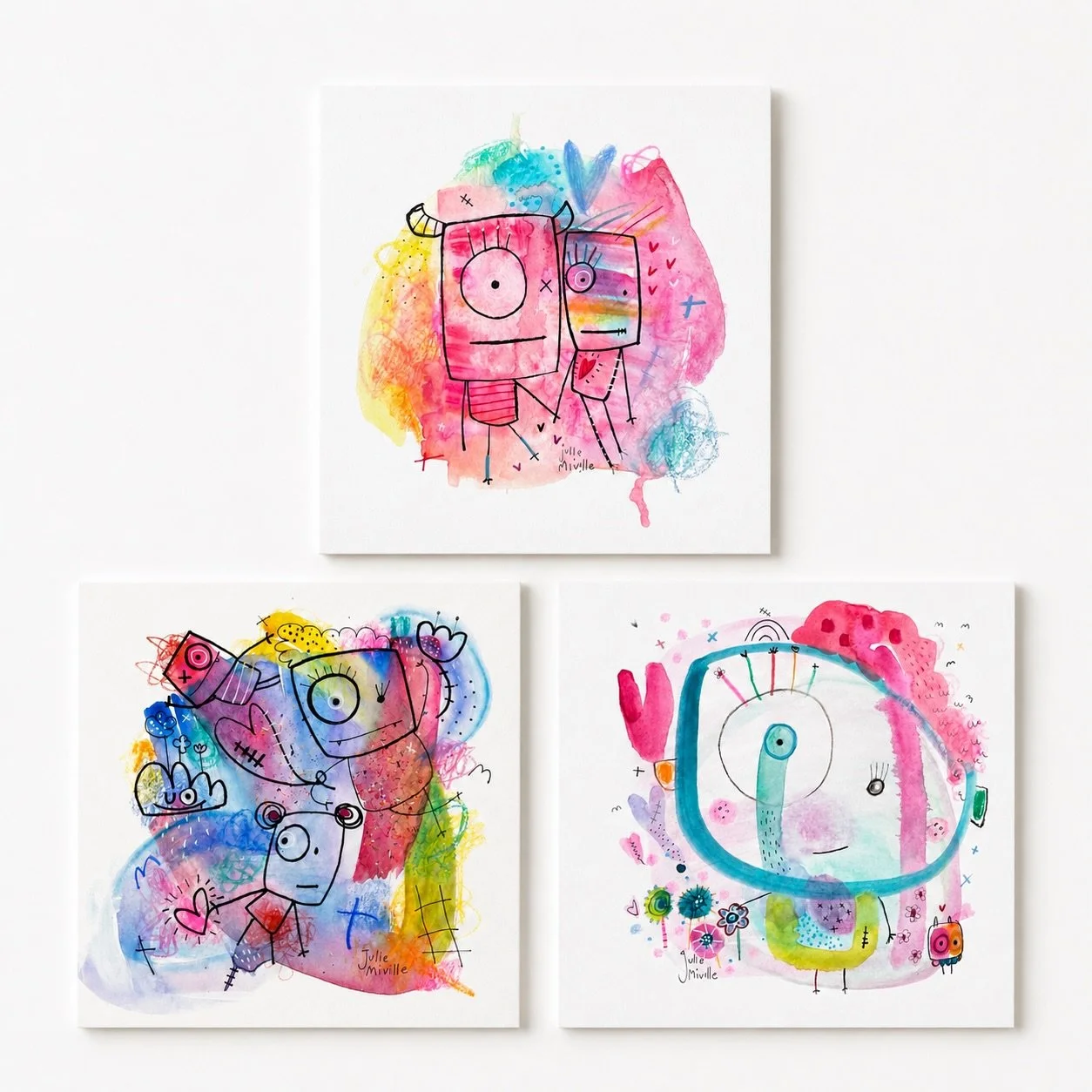Un trio color&eacute; fait d&rsquo;aquarelle et de crayons de bois sur papier aquarelle.

Les couleurs circulent comme des rencontres impr&eacute;vues, laissant appara&icirc;tre de petits personnages sensibles et lumineux.

Trois &oelig;uvres origina