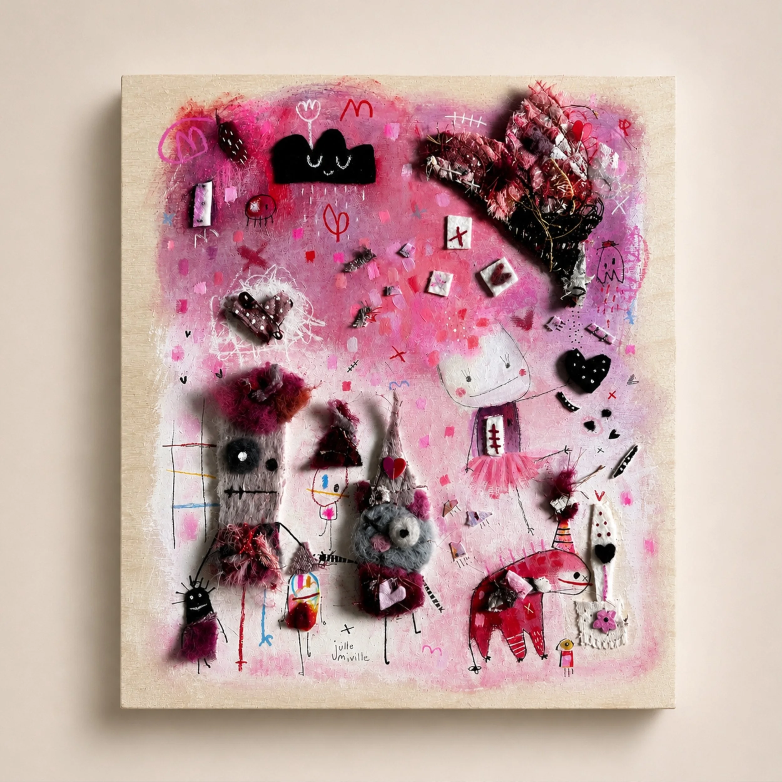 Dans ce qui &eacute;merge en ce moment, il y a tout ce que j&rsquo;aime. 

La peinture qui dialogue avec le dessin, le feutrage qui rencontre le tissu, le collage qui se m&ecirc;le au papier.

Des mati&egrave;res, des textures, des traces et des intu