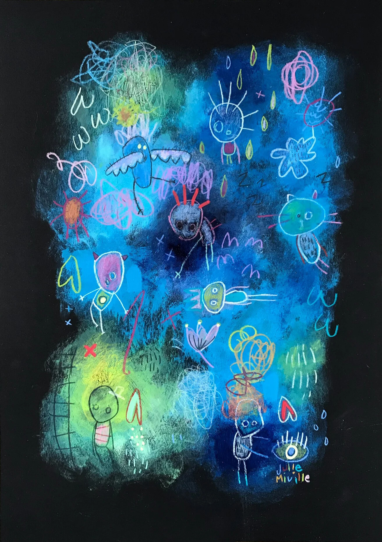 Café latté. Acrylique et crayons sur papier noir Fabriano. 42 x 29,7 cm