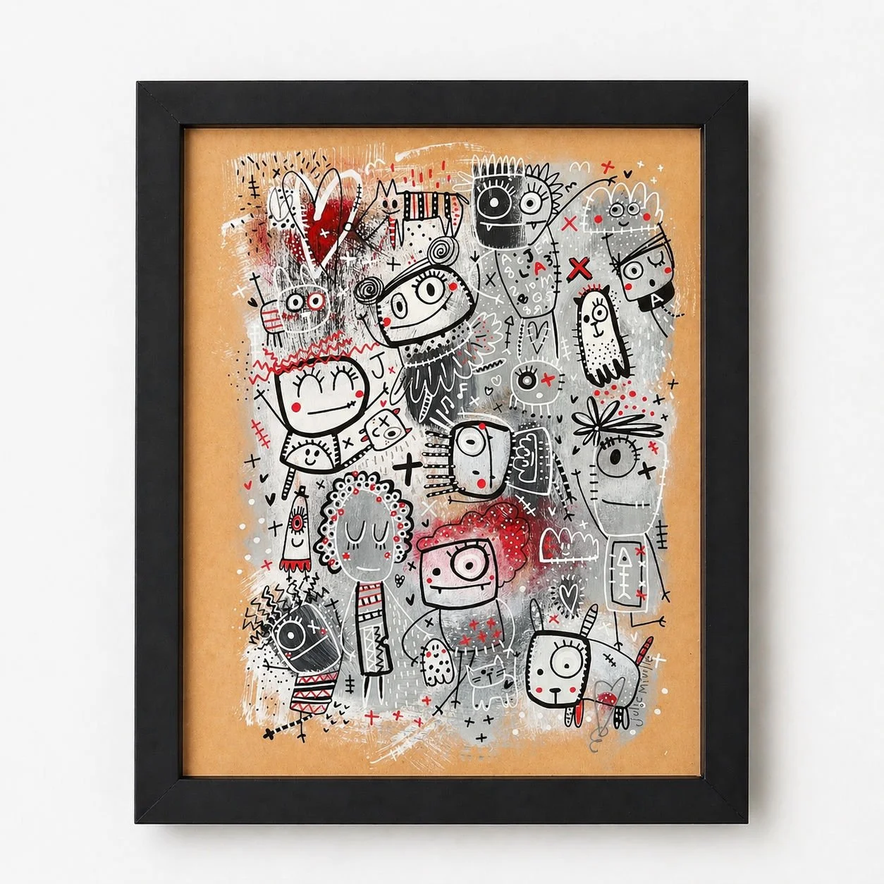 Une peinture colorée représentant de nombreux dessins de style abstrait, comprenant des personnages fantastiques et des animaux, avec des éléments en noir, blanc, rouge et gris sur un fond beige, encadrée en noir.