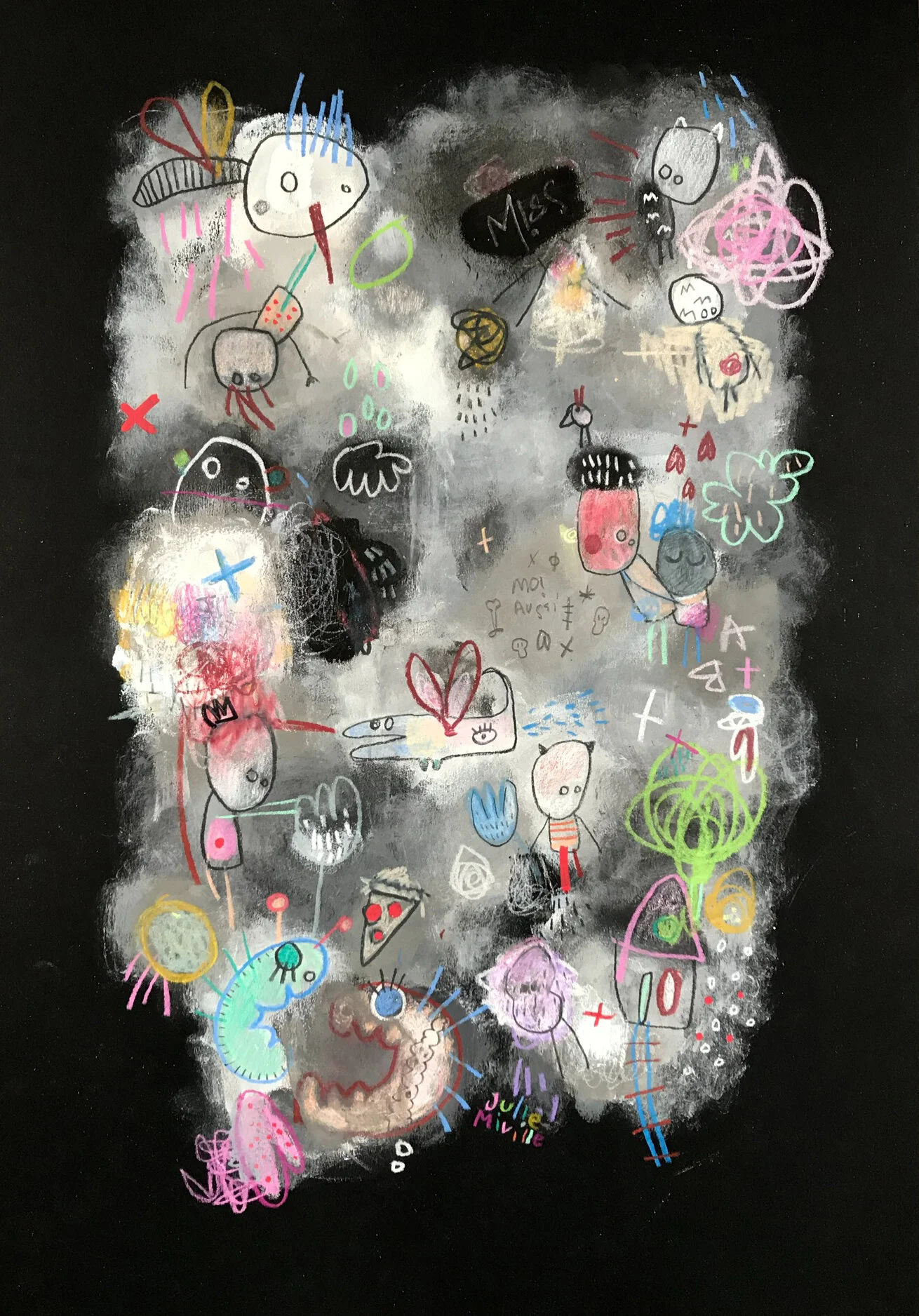 Petite tempête. Acrylique et crayons sur papier noir Fabriano. 42 x 29,7 cm
