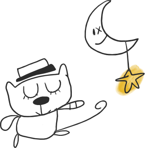 Un dessin de chat super-héros avec un costume noir et une étoile blanche, portant un chapeau noir, et tenant une étoile argentée suspendue à une lune souriante