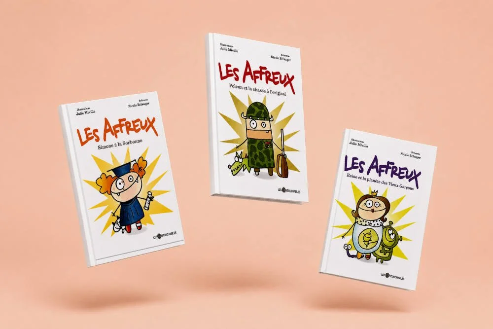 Trois livres de la série "Les Affreux" flottent contre un fond rose. Chaque livre a une couverture avec un personnage caricatural et un titre en français.