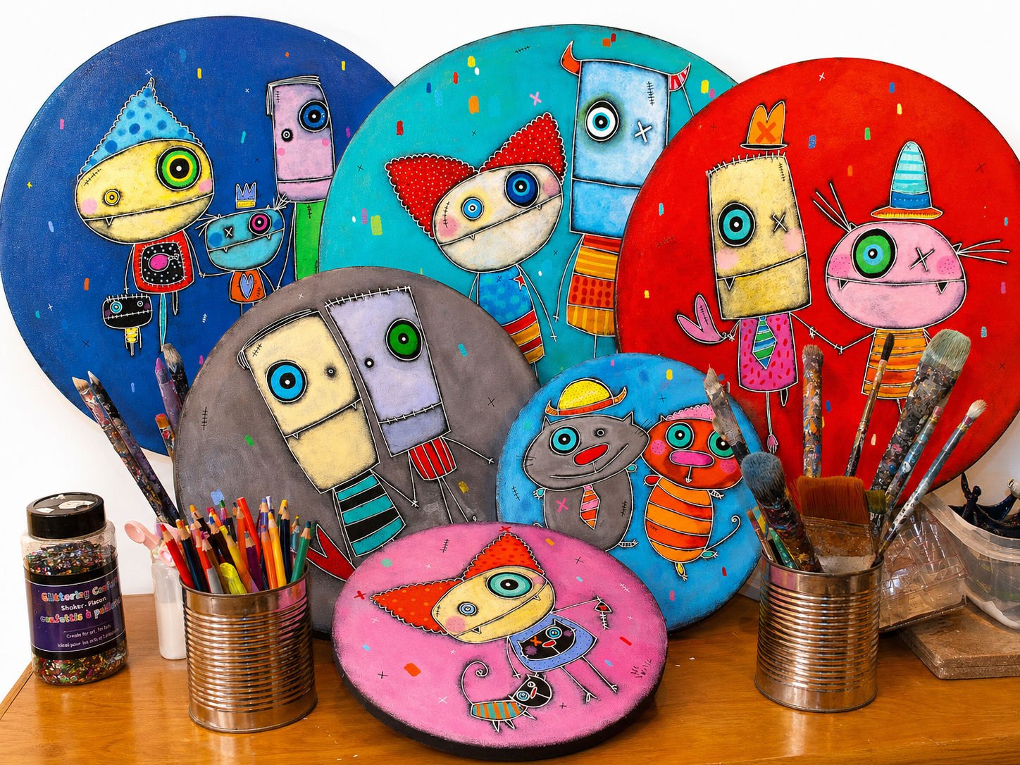 Tableau avec plusieurs toiles représentant des personnages de style cartoon colorés et caricaturaux, avec des pinceaux et des accessoires d'art à côté.