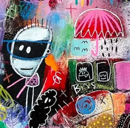 Peinture murale colorée avec des dessins abstraits, un visage avec des lunettes, un parapluie rose, des fleurs et d'autres formes artistiques.