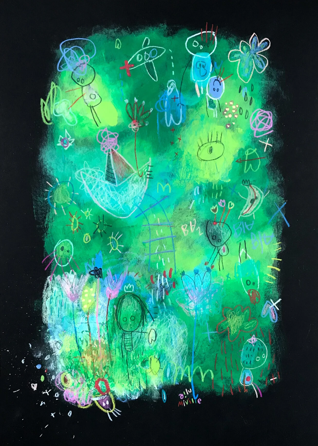 Have a nice trip! Acrylique et crayons sur papier noir Fabriano. 42 x 29,7 cm