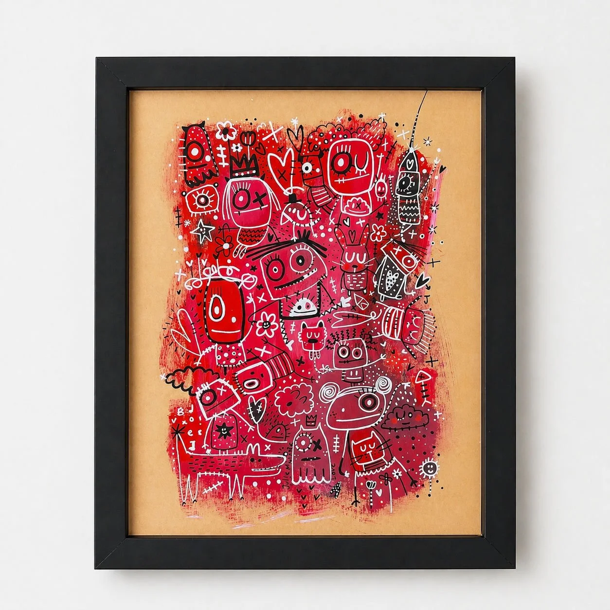 Une œuvre d'art colorée représentant de nombreux personnages de style cartoon, principalement en rouge, noir et blanc, avec des détails floraux, des cœurs, et des éléments décoratifs. La peinture est encadrée en noir.