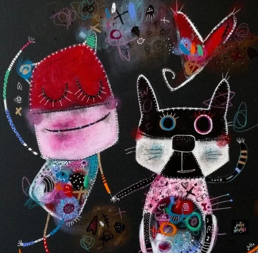 Illustration colorée d'un chat et d'une créature étrange sur un fond noir, avec des éléments de dessin flottants.
