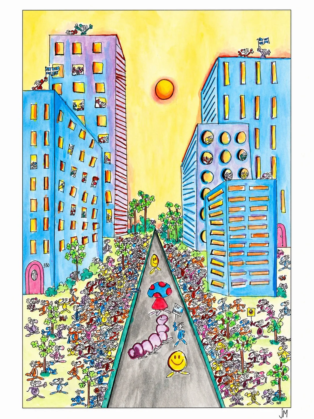 Illustration colorée de deux bâtiments avec de nombreuses fenêtres, un soleil au centre, une rue principale animée avec des personnages souriants, des arbres, et des personnages caricaturaux qui dansent ou marchent.