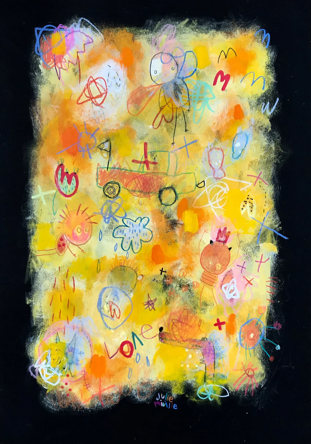 Love me. Acrylique et crayons sur papier noir Fabriano. 42 x 29,7 cm