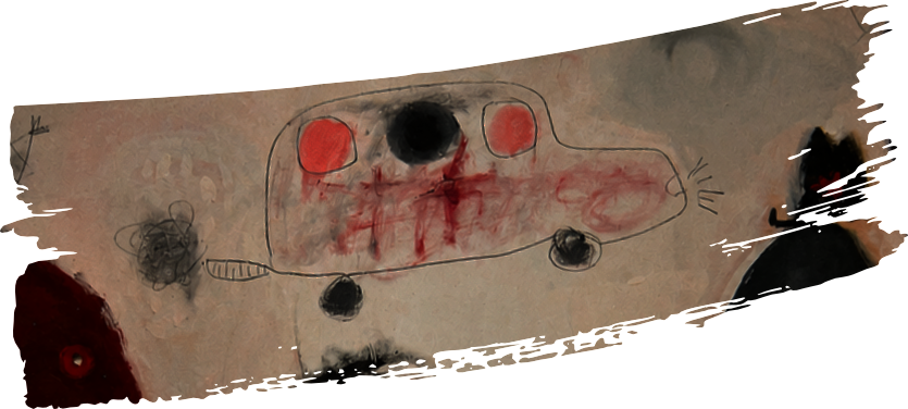 Dessin d'une voiture faite avec des traits simples, avec deux cercles rouges pour les phares, un cercle noir pour la nouvelle, et un corps de voiture noir, sur un fond en papier.