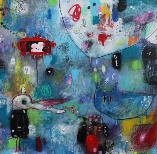 Peinture abstraite colorée avec des formes de personnages et d'animaux stylisés.