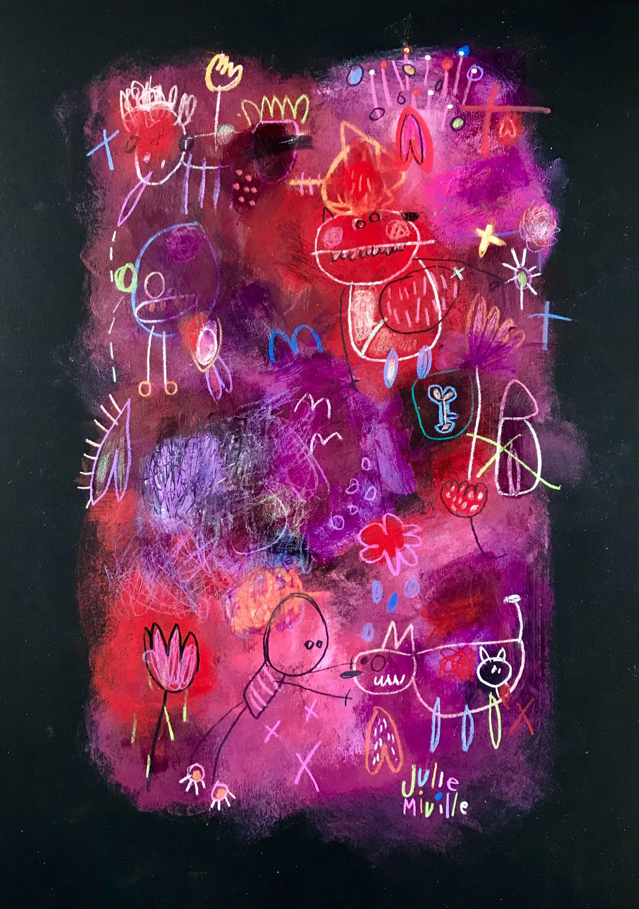 Hug-dog. Acrylique et crayons sur papier noir Fabriano. 42 x 29,7 cm