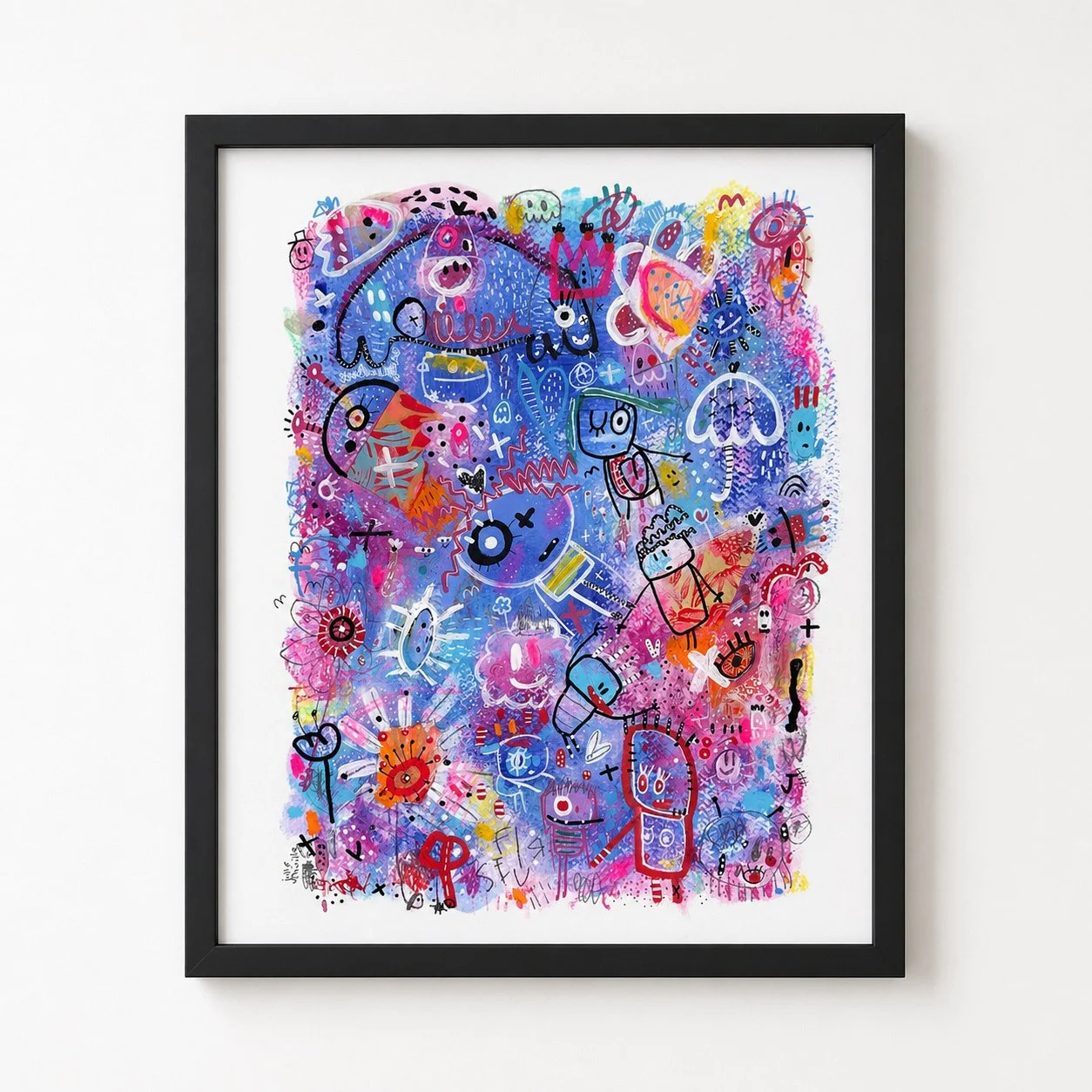 Une peinture abstraite colorée comprenant des dessins de personnages, d'objets et de symboles dans un style graffiti, avec des couleurs vives comme le bleu, le rose, le violet, le rouge et le jaune, encadrée d'une bordure noire.