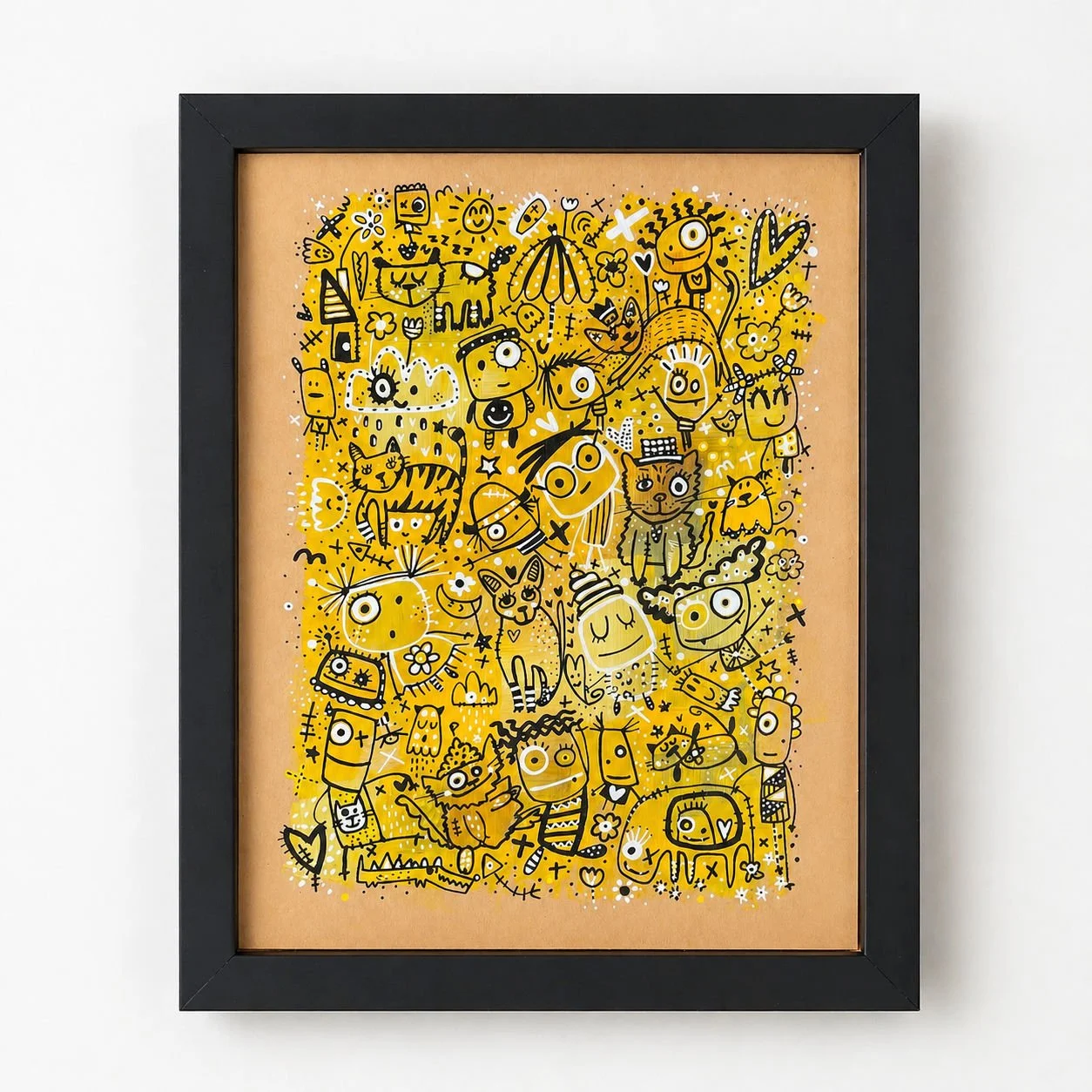 Illustration colorée de dessins de personnages et d'animaux dans un style doodle sur un fond jaune clair, encadrée en noir.
