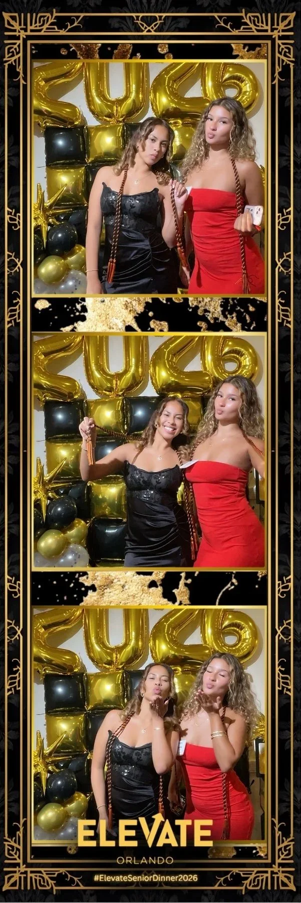 Two young women at a graduation celebration photo booth with gold and black balloons spelling out "2026." One woman is dressed in a black dress, and the other in a red dress. They are making various faces and holding necklaces or accessories. The image has a decorative black and gold border with the word "ELEVATE" and the location "Orlando" at the bottom, along with the hashtag #ElevateSeniorDinner2026.