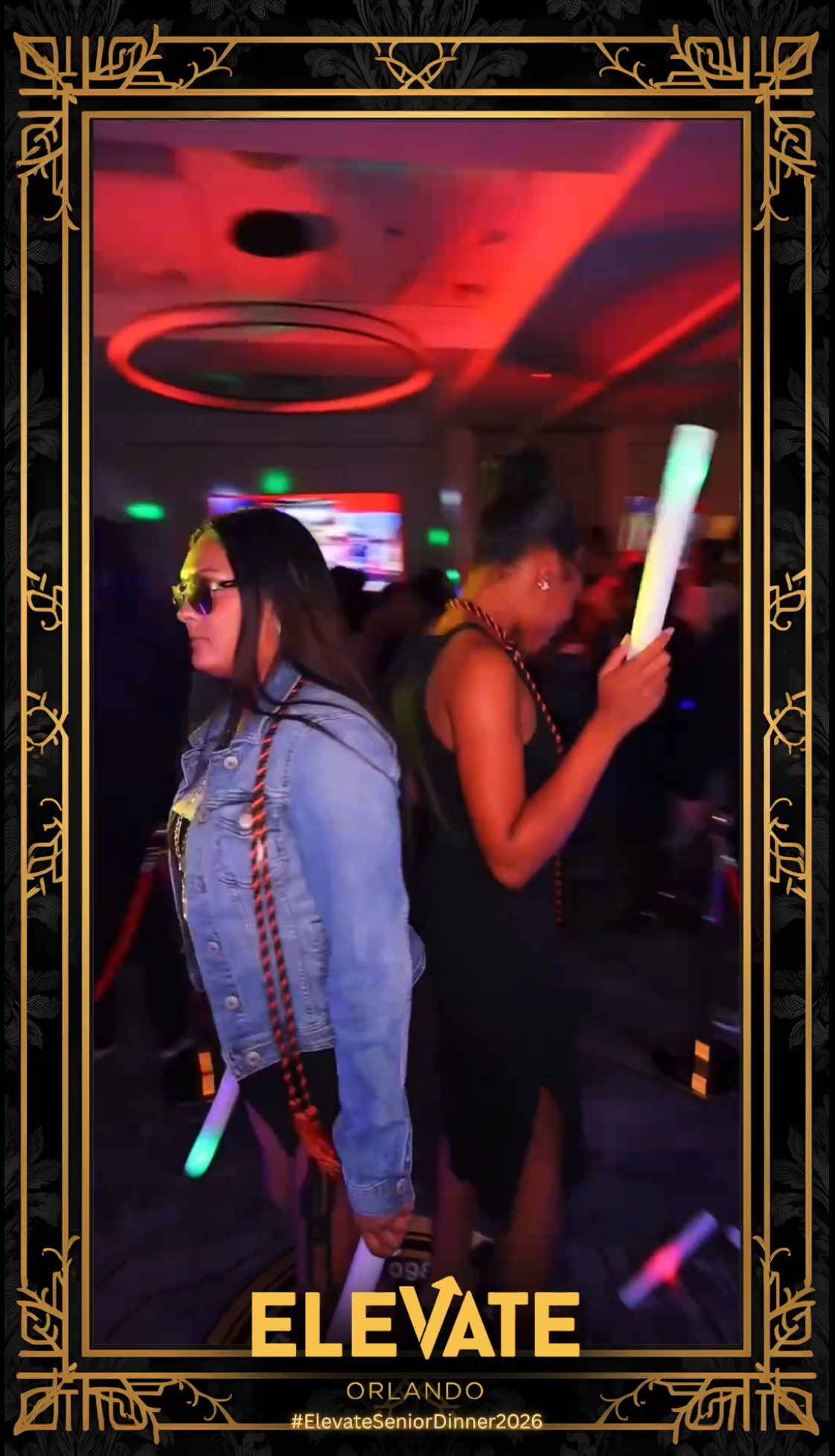 A group of young women at a party or event with colorful lighting, some wearing sunglasses and holding glow sticks, with one woman using her phone. The border contains intricate gold designs, and the text says 'ELEVATE ORLANDO #ElevateSeniorDinner2026'.