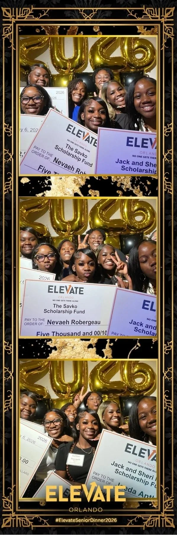A group of young women celebrating their graduation or scholarship awards at an event called 'ELEVATE Orlando', with large gold balloon numbers '2026' in the background. They are holding oversized checks and smiling, dressed in semi-formal attire, with a decorative gold and black photo frame around the images.