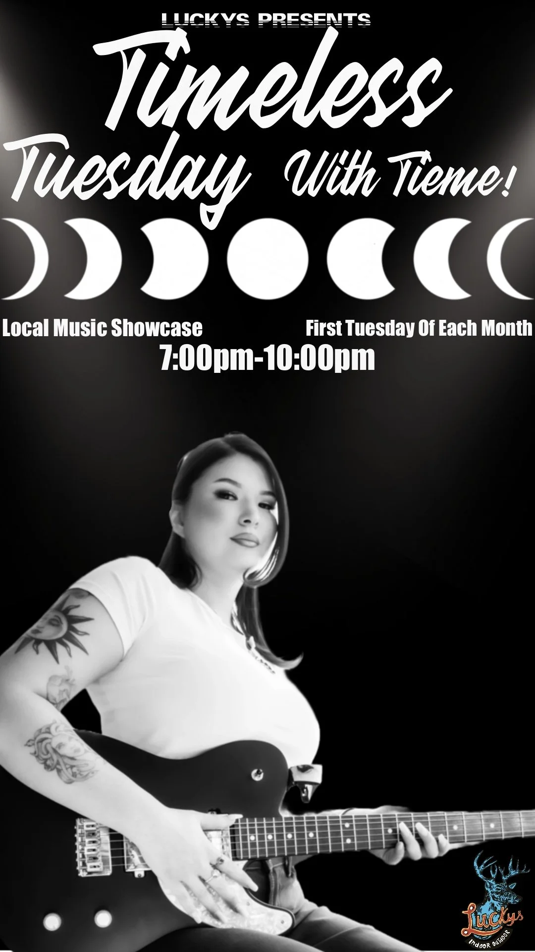Poster advertising a music event called Timeless Tuesday with Tieme, featuring a woman holding an electric guitar. The poster has a dark background with moon phases and text in white.