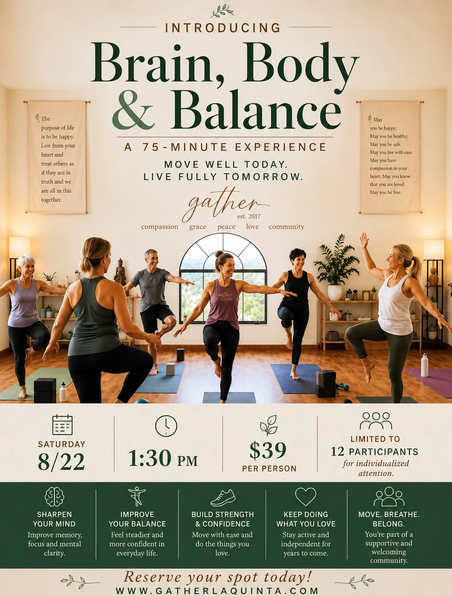 What if one of the best things you could do for your future self took just 75 minutes?

Introducing Brain, Body &amp; Balance&mdash;a fun, interactive experience designed to improve balance, build strength, sharpen your mind, and help you move throug