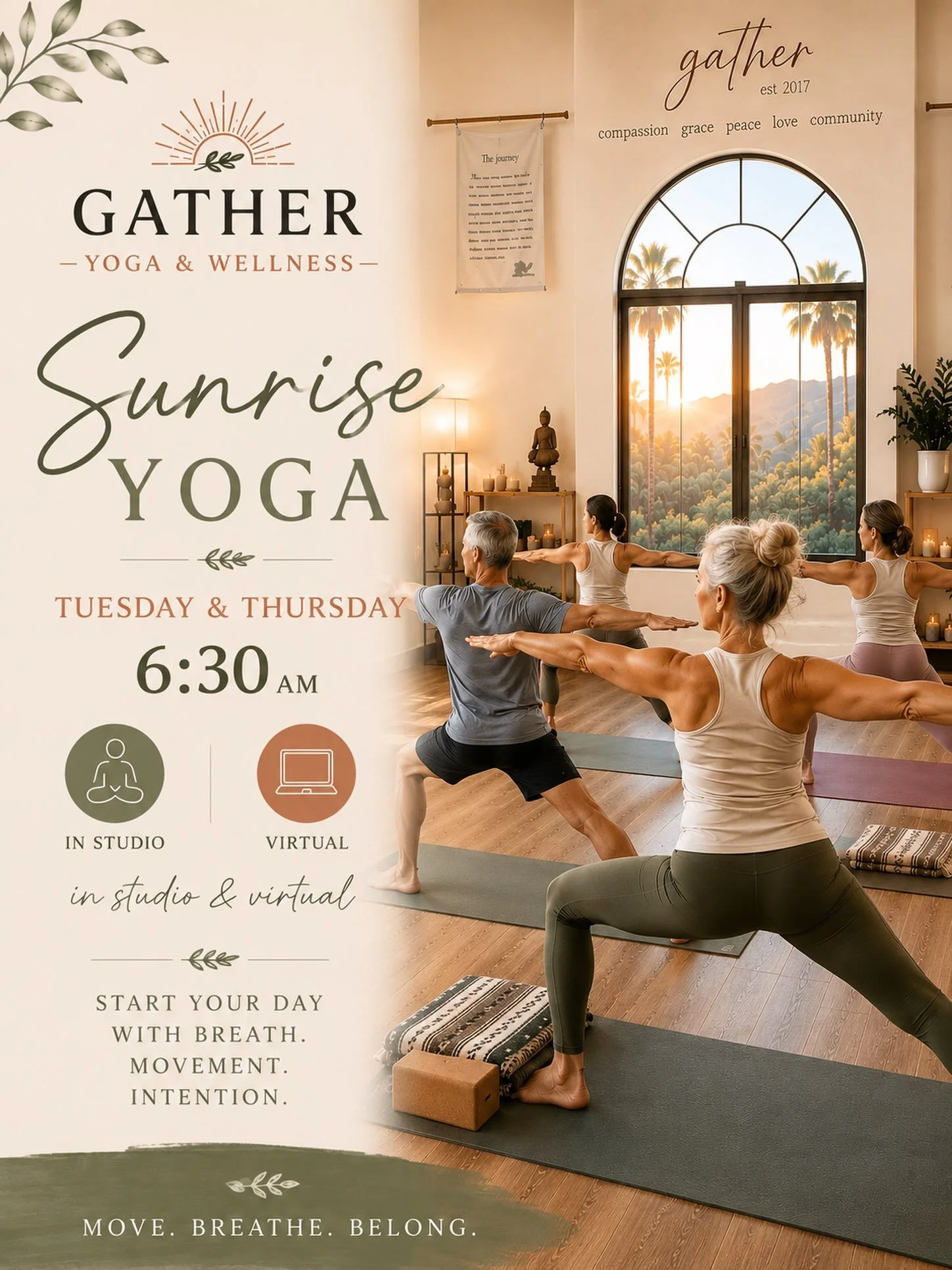 🚨 Sunrise Yoga is now Tuesday &amp; Thursday at 6:30am. In Studio &amp; Virtual. 🚨