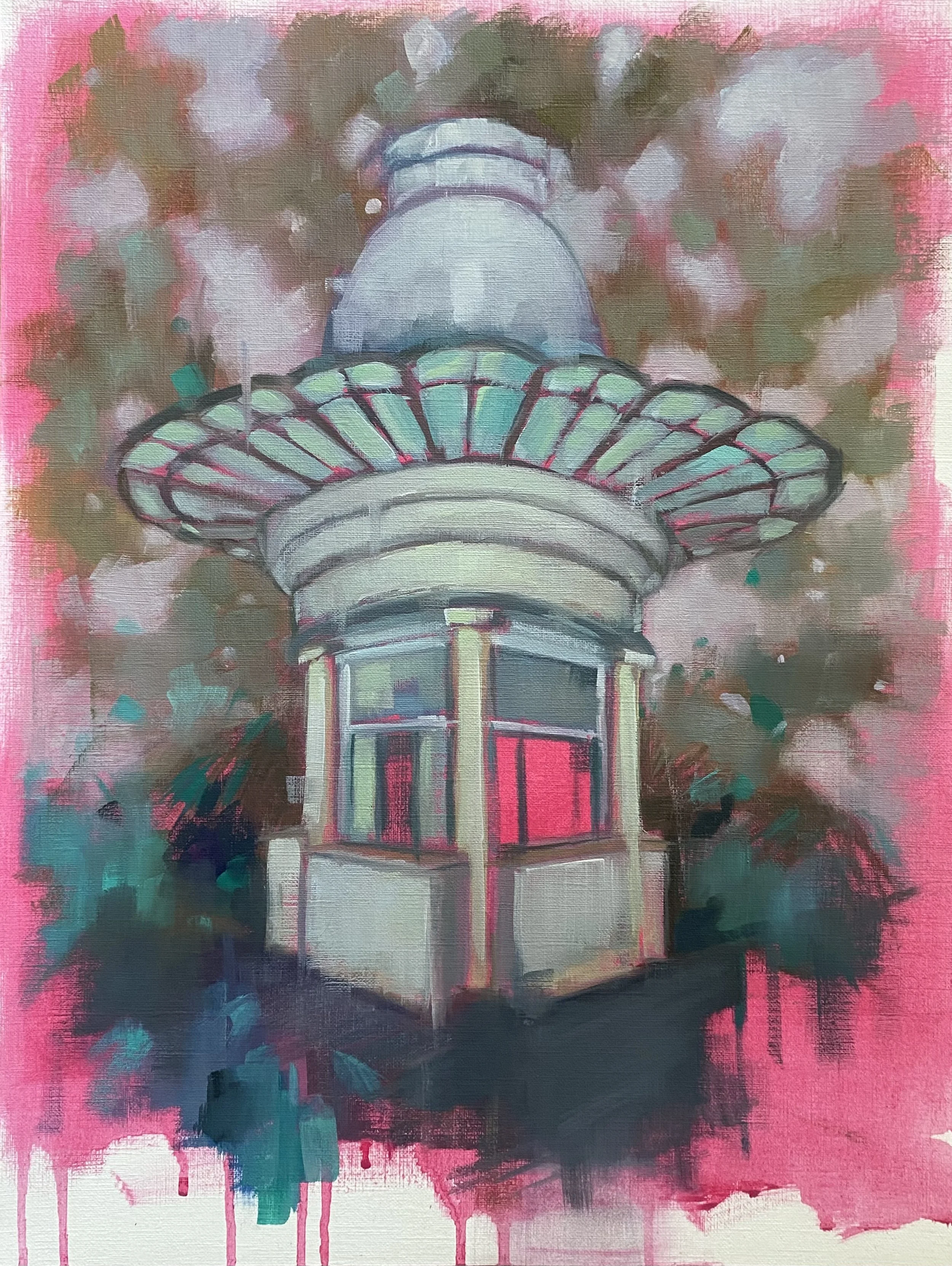 An abstract painting of a lighthouse with a pink sky, watercolor effects, and loose brushstrokes.