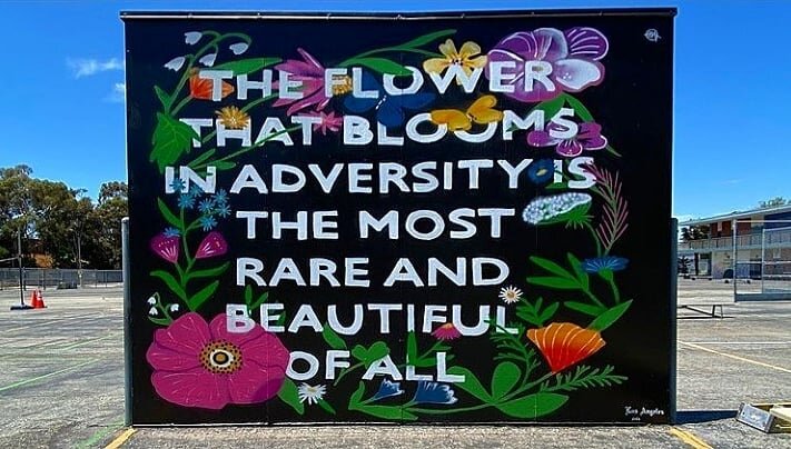 🌸🌼🌿 Beautiful &amp; Inspiring finished mural by @registered_artist for this year; a much needed message of positivity to anyone who passes by🌷🏵🌸 

🌺 Shout out to our awesome sponsors @giphyarts 🦠 @kobrapaint 🎨 @liquiddeath ☠ @1111.projects ?