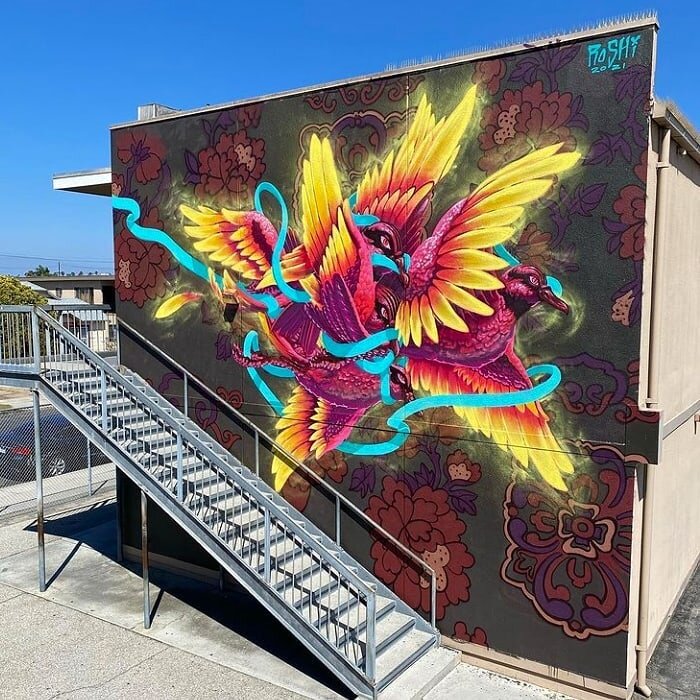 ⚡@dirtyoldroshi really knocked it outta the park with this magnificent beast of a mural!!🪶🤘🏽🎉 You can find it at @altalomaelementaryschool 📚

💛 Grateful to our sponsors @giphyarts 🦠 @kobrapaint 🎨 @liquiddeath ☠ @1111.projects 🖌 &amp; members