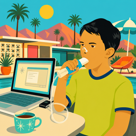 A boy sitting at a table by a poolside with a laptop, a cup of coffee, and a water bottle, while using a spirometry device, with a background of mountains, palm trees, and a sunny sky.