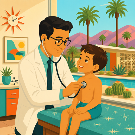 A doctor examining a young boy in a colorful clinic with desert and palm tree scenery outside.