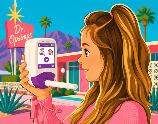A young girl using a FeNO measurement device outdoors near a Dr. Ospimos sign, with palm trees, mountains, and colorful buildings in the background.