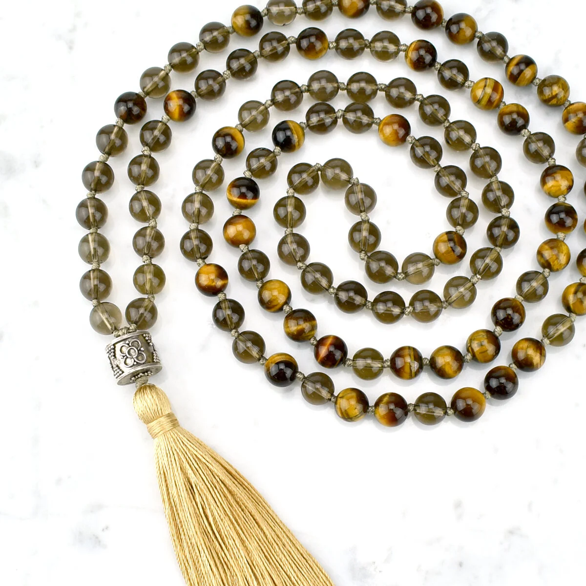 Manifestation & Creativity Mala Necklace / Tiger Eye, Smoky Quartz