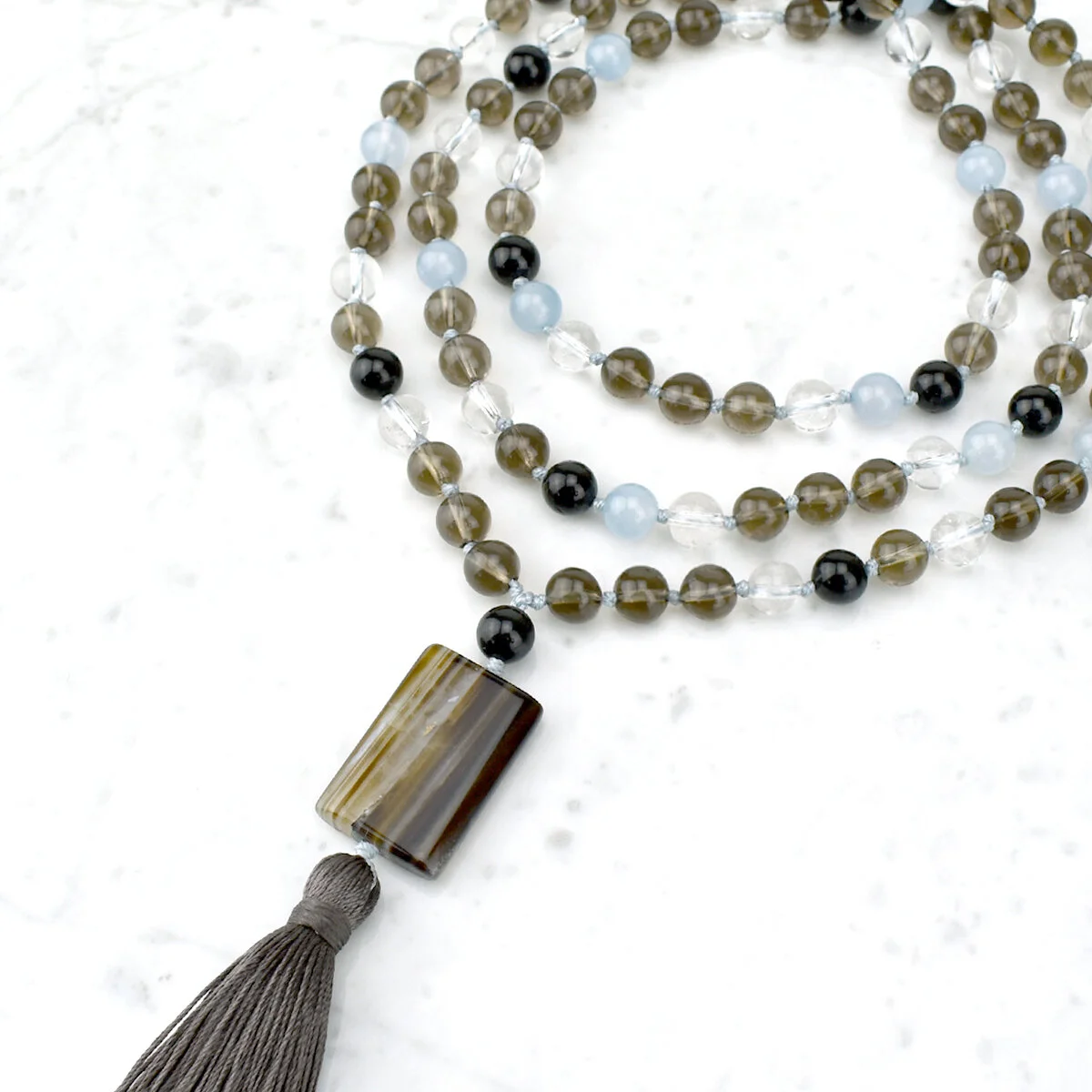Harmony & Tranquility Mala Necklace / Chalcedony, Quartz, Tourmaline, Agate