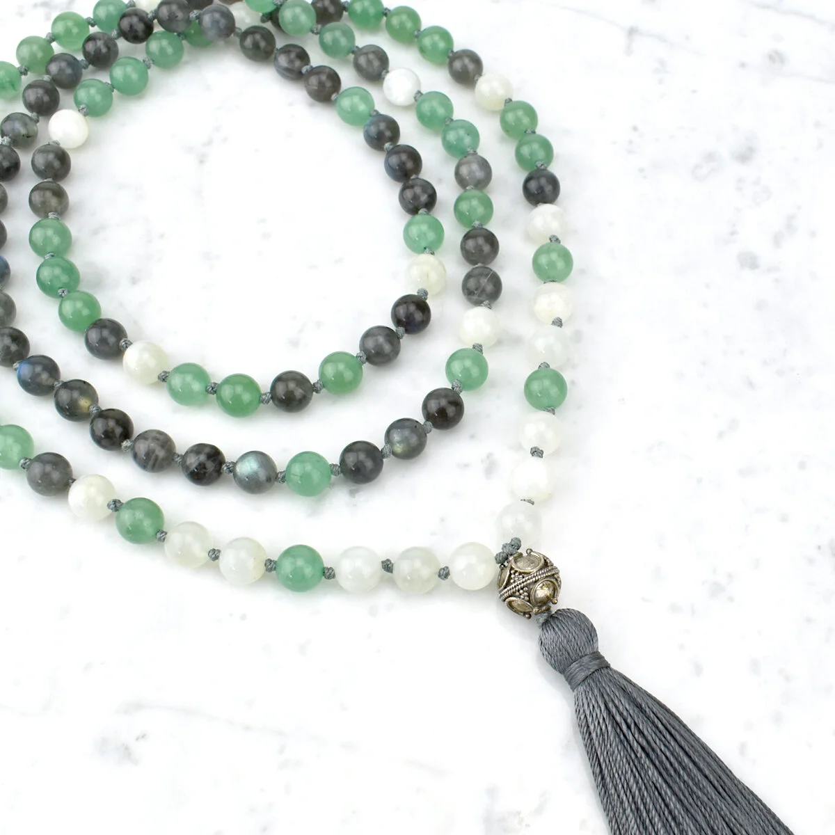 Prosperity & Manifestation Mala Necklace / Green Aventurine, Labradorite, Moonstone