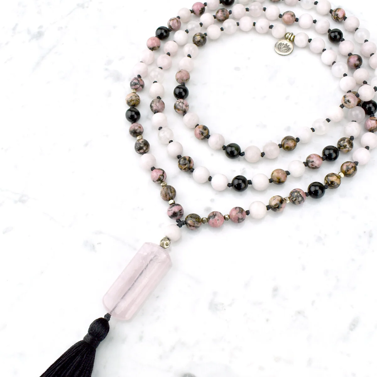 Love & Compassion Lotus Mala Necklace / Rose Quartz, Rhodonite, Rainbow Obsidian