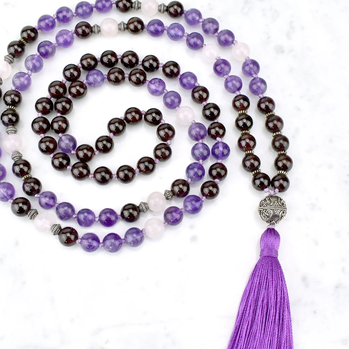 Passion & Strength Mala Necklace / Garnet, Amethyst, Rose Quartz