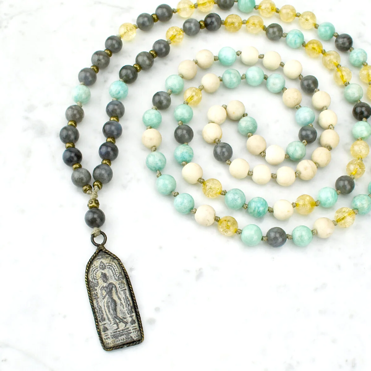 Prosperity & Renewal Temple Amulet Mala Necklace / Labradorite, Amazonite, Citrine, Jasper