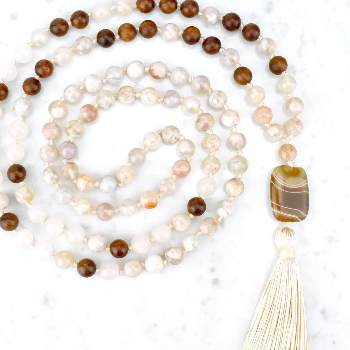 Compassion & Comfort Mala Necklace / Rose Quartz, Cherry Blossom Agate, Rosewood