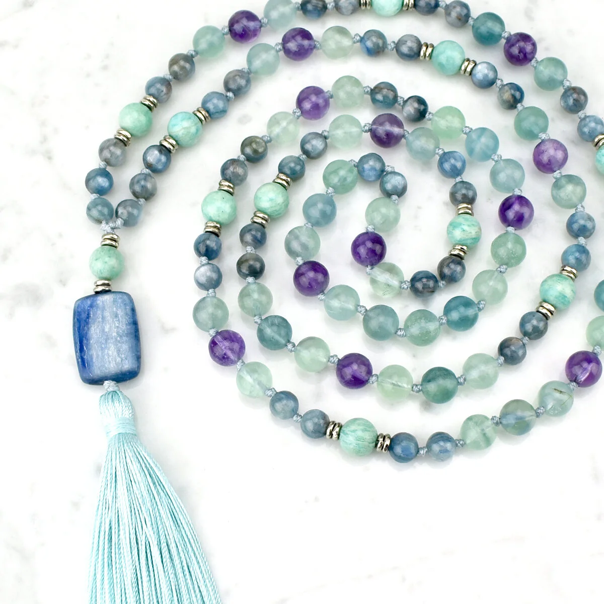 Truth, Clarity & Peace Mala Necklace / Amazonite, Fluorite, Kyanite
