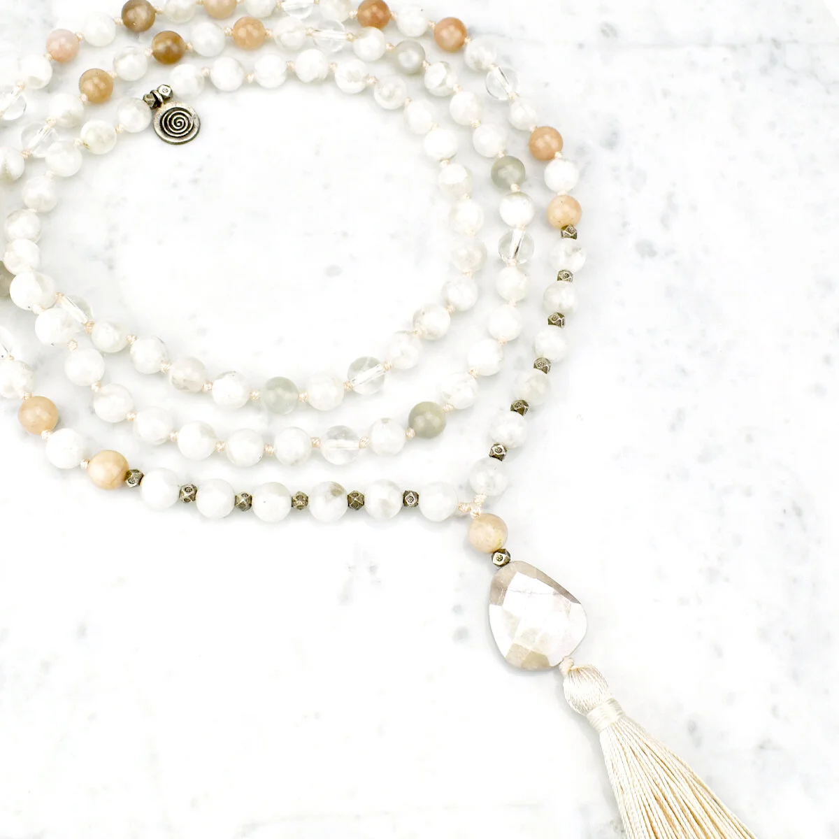 Intuition & Mystery Spiral Mala Necklace / Clear Quartz, Moonstone