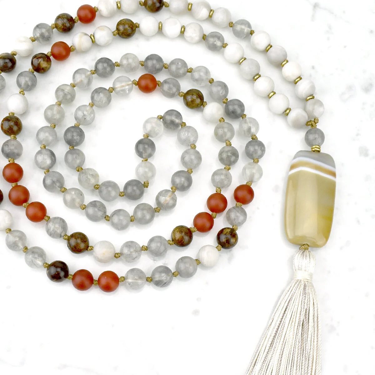 Happiness & Success Mala Necklace / Bronzite, White Lace Agate, Carnelian, Cloudy Quartz