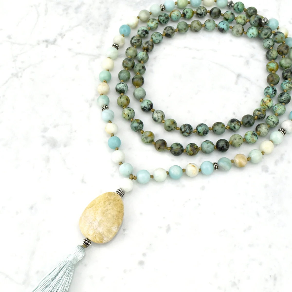 Healing & Communication Mala Necklace / African Turquoise, Amazonite, Fossilized Coral