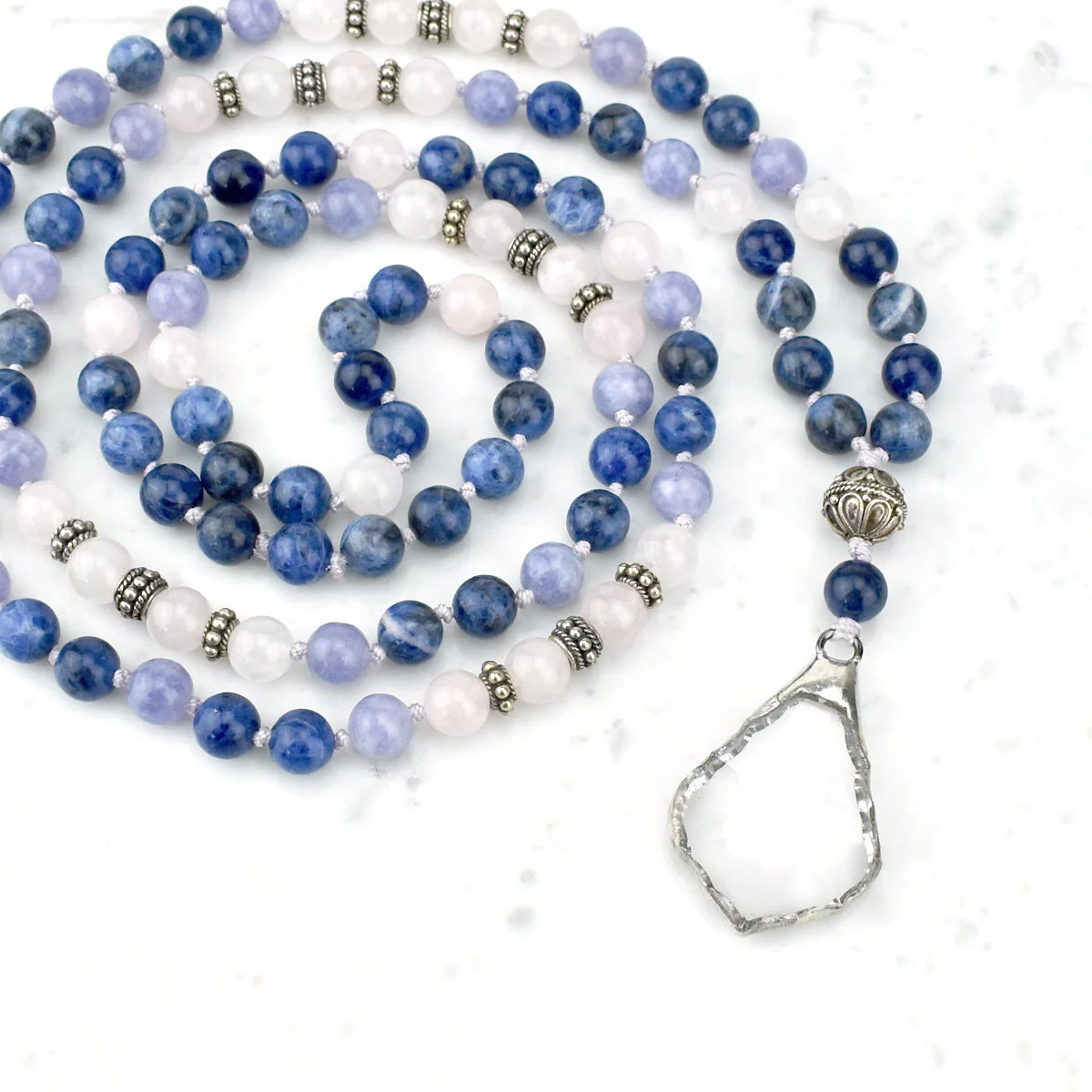 Peace & Awakening Mala Necklace / Rose Quartz, Sodalite, Tanzanite
