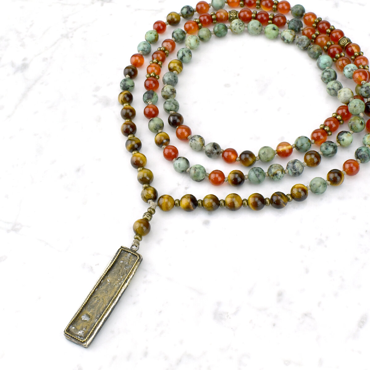 Confidence & Motivation Rectangular Amulet Mala Necklace / Tiger Eye, African Turquoise, Carnelian, Smoky Quartz