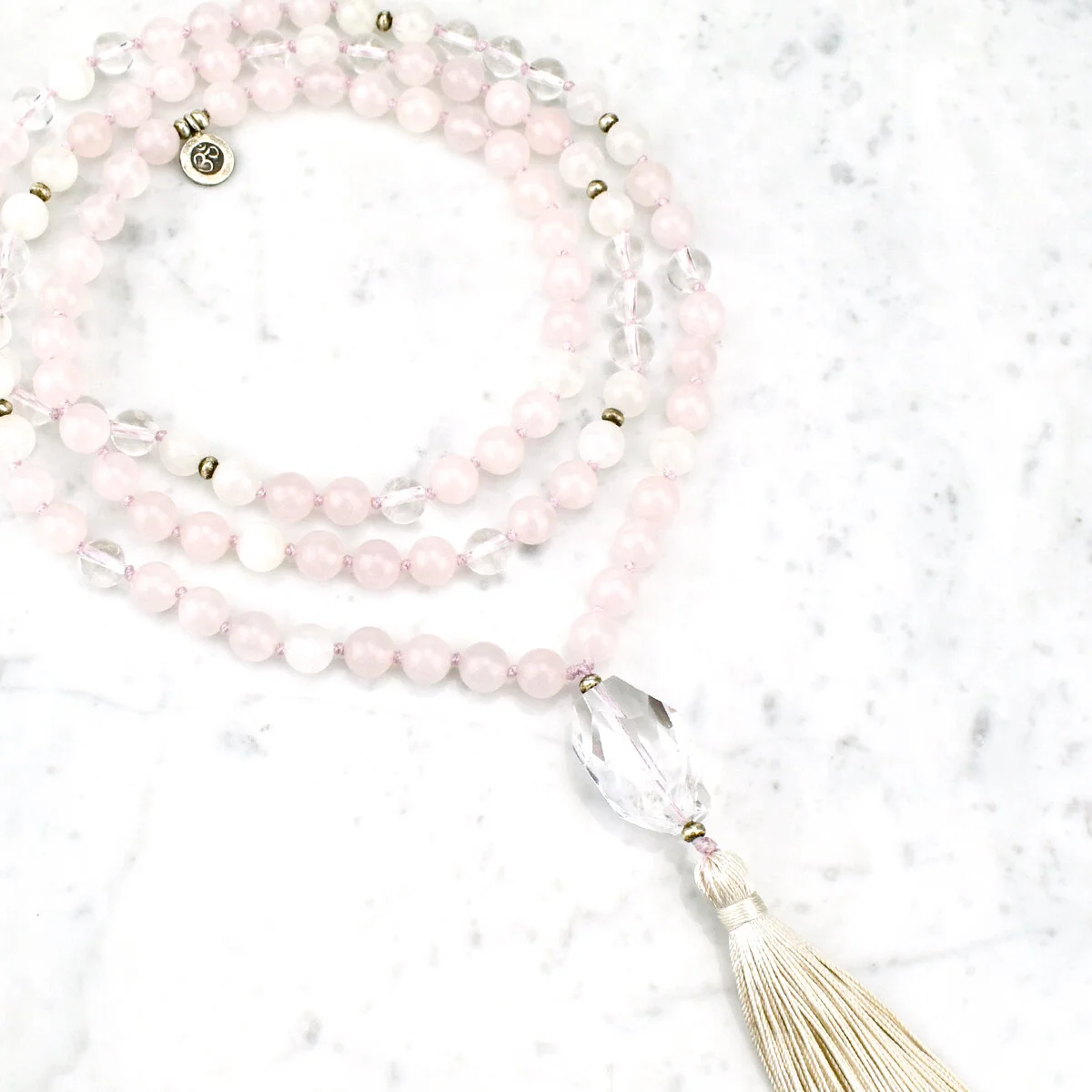 Serenity & Awareness Om Mala Necklace / Rose Quartz, Clear Quartz