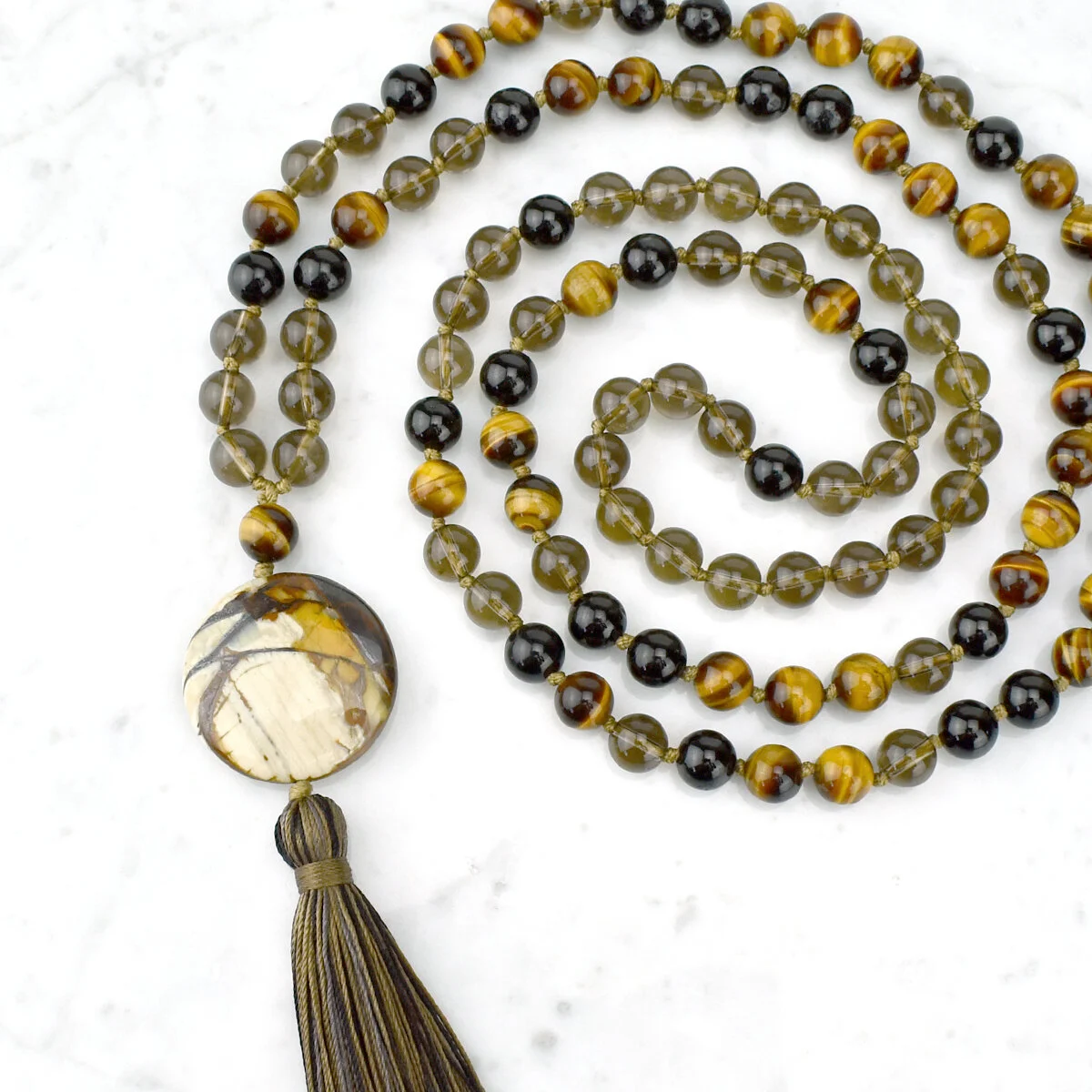 Strength & Balance Mala Necklace / Tiger Eye, Smoky Quartz, Black Tourmaline, Jasper