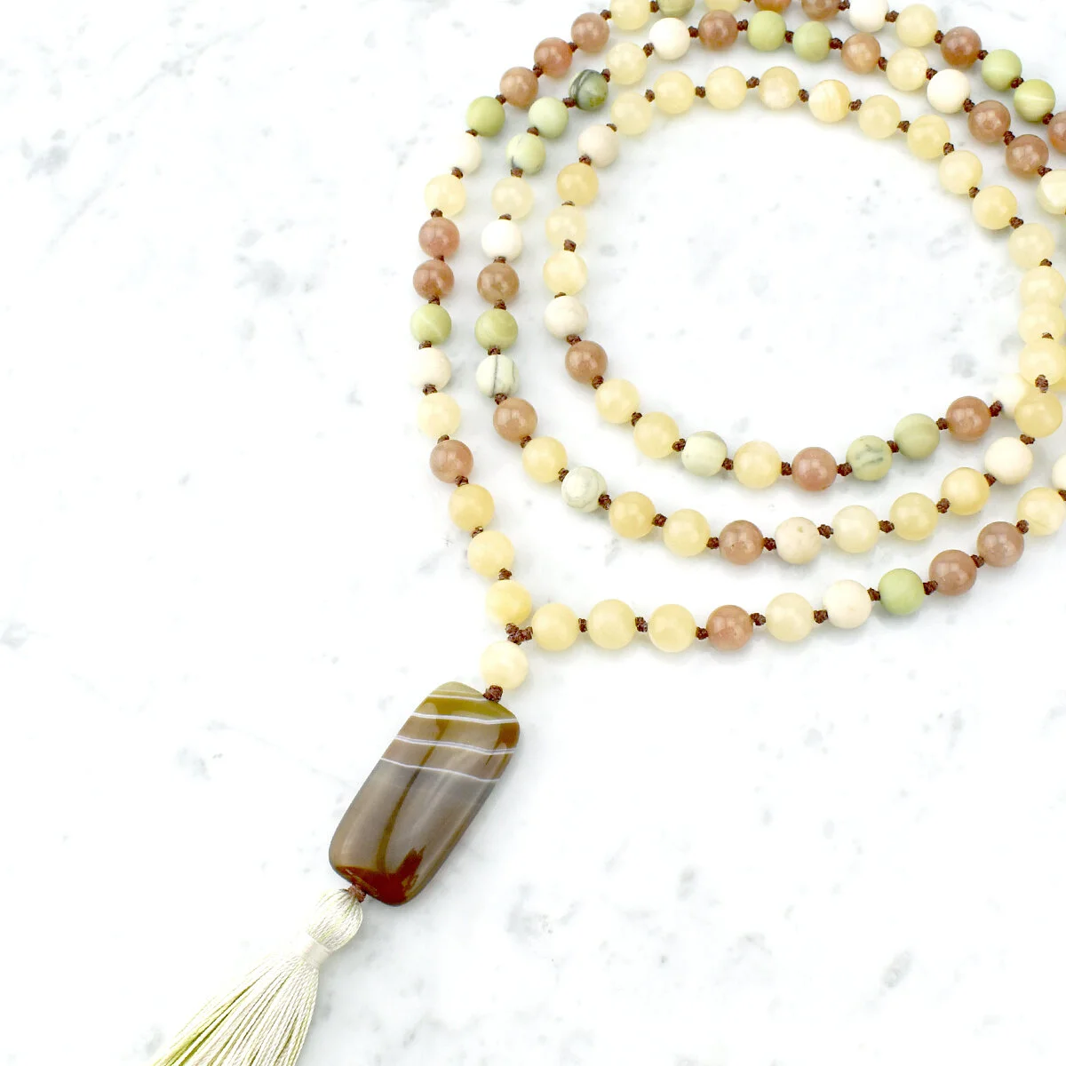 Peace of Mind & Harmony Mala Necklace / Moonstone, Calcite, Jasper, Agate