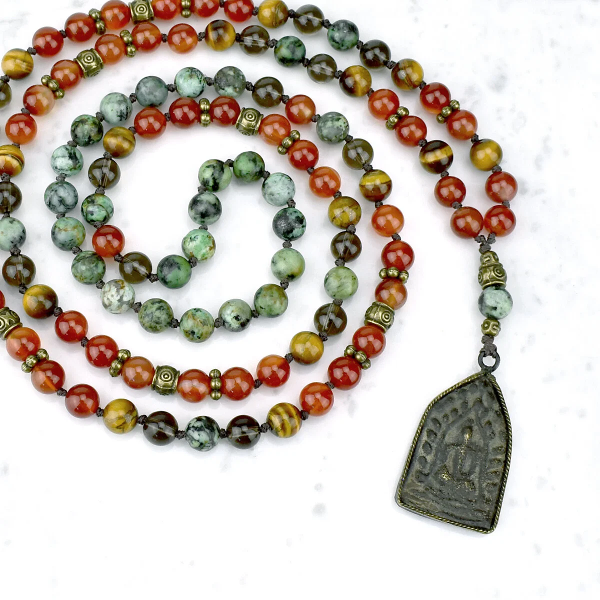 Confidence & Motivation Pyramid Amulet Mala Necklace / Tiger Eye, African Turquoise, Carnelian, Smoky Quartz