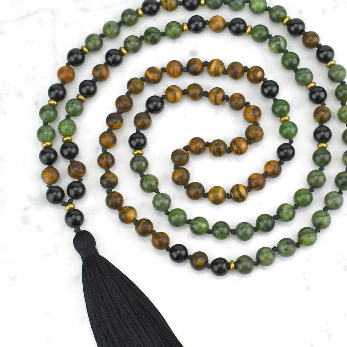 Prosperity & Success Mala Necklace / Green Jade, Black Obsidian, Flower Nanmu Wood